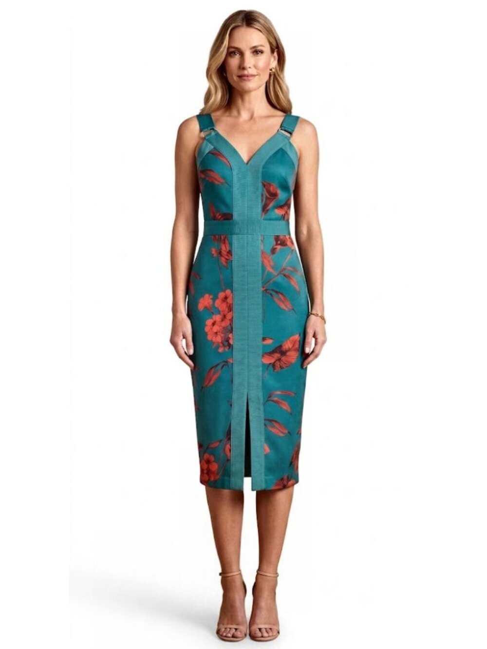 Ted Baker JORDJA Highland Floral Midi Dress Teal & Coral Womens Size TB 1 / US 4